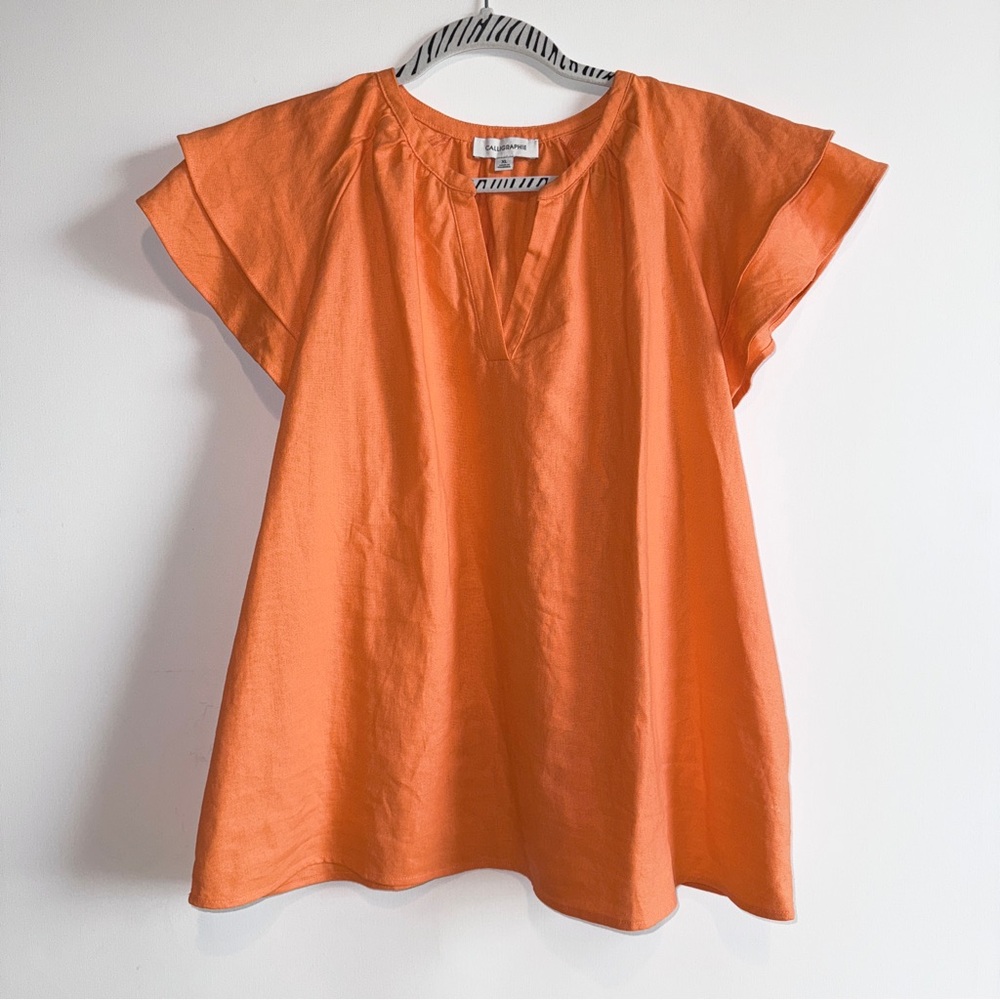 Calligraphie Orange Flutter Sleeve Split Neck Linen Blend Boho Top Size XL